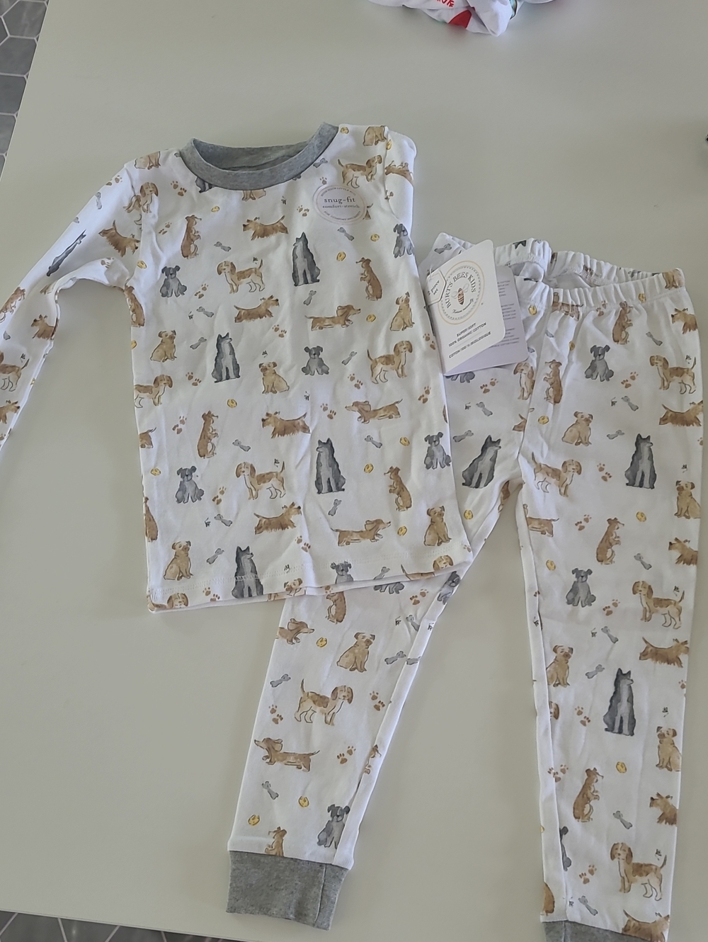 White Dog-Print Kids Pajama Set with Gray Trim